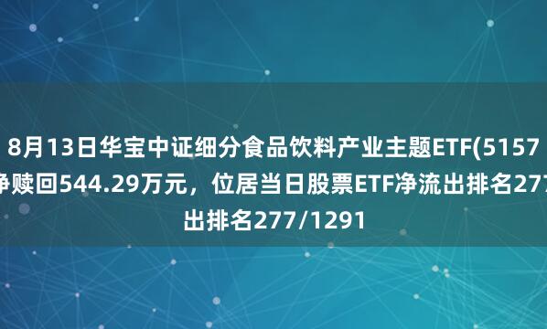 8月13日华宝中证细分食品饮料产业主题ETF(515710)遭净赎回544.29万元，位居当日股票ETF净流出排名277/1291